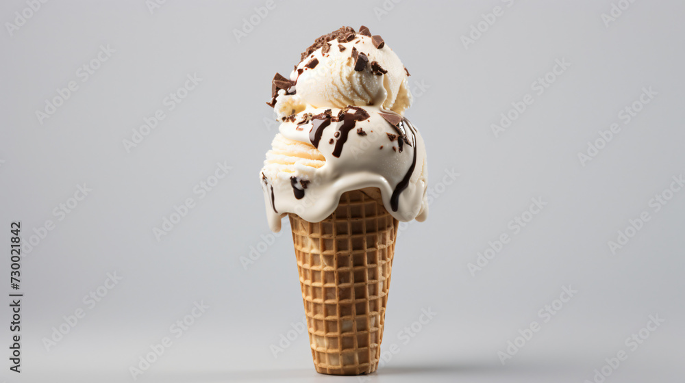 Vanilla chocolate chip ice cream scoop in waffle
