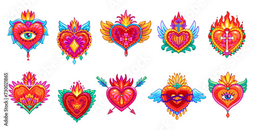 Mexican sacred hearts, vector tattoos. Vintage Mexico hearts of Jesus with fire flames, eyes, crowns and crosses, flower pattern, burning wings and arrows. Catholic religion sacred symbols set