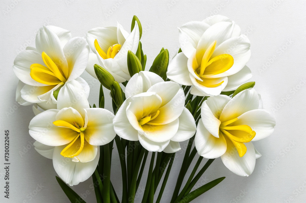 Fototapeta premium a bouquet of Freesia white flowers white flowers with yellow centers and green stems. ai generative