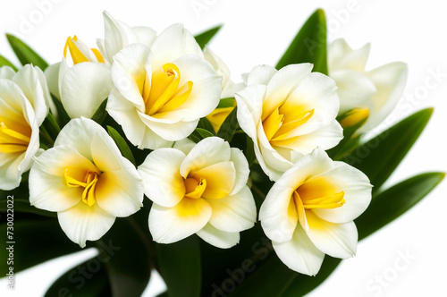 a bouquet of Freesia white flowers white flowers with yellow centers and green stems. ai generative