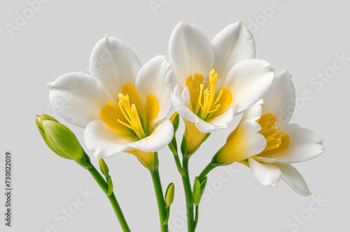 a bouquet of Freesia white flowers white flowers with yellow centers and green stems. ai generative