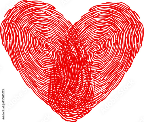 Fingerprint heart for love, wedding and Valentine, finger print or thumbprint, vector icon. Romance love, marriage and RSVP greeting or invitation card, red heart of fingerprint with doodle line art