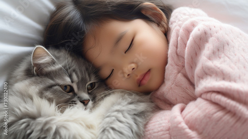 Small Asian child lies on a bed with a cat. Kitten and baby childhood friendship. Baby and cat. Child and Kitten lying together on the bed