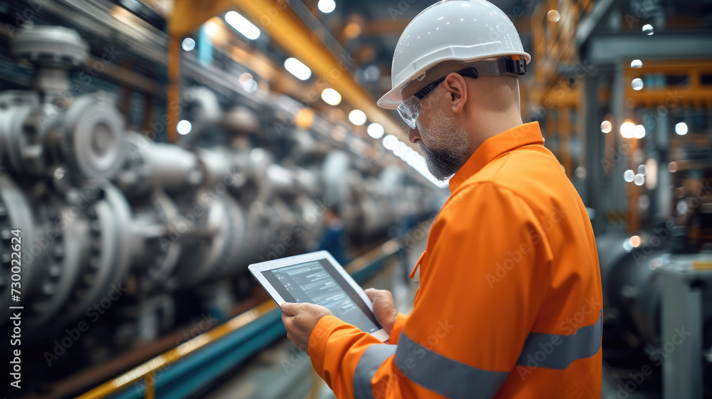 Engineer control robotics automatic with digital tablet, Industrial gas turbines machine in factory, automotive industrial. Generative AI. Engineer control robotics automatic with digital tablet, Industrial gas turbines machine in factory, automotive industrial. Generative AI.