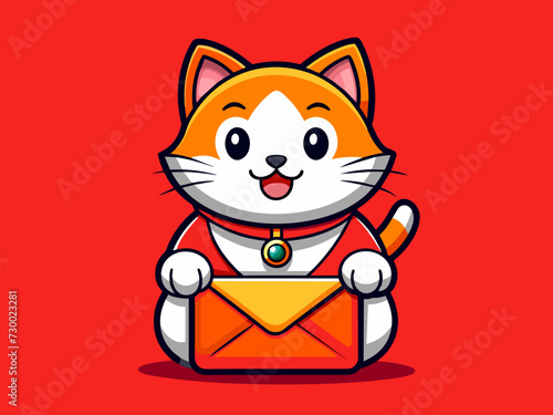 Charming Chibi Cat Logo on a Red Lucky Background