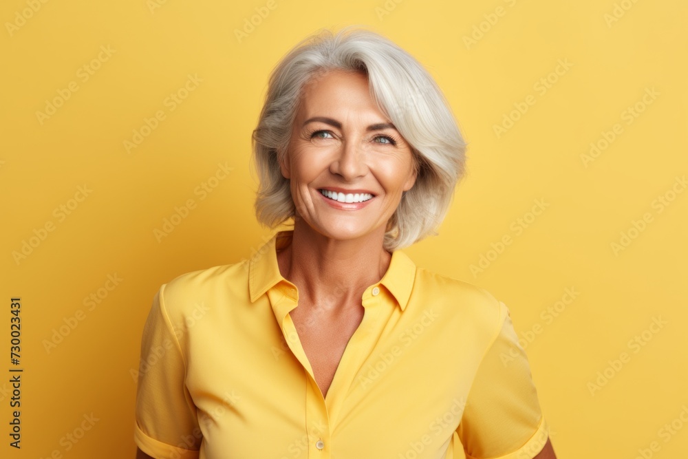 Portrait of happy senior woman smiling and looking away over yellow background Portrait of happy senior woman smiling and looking away over yellow background
