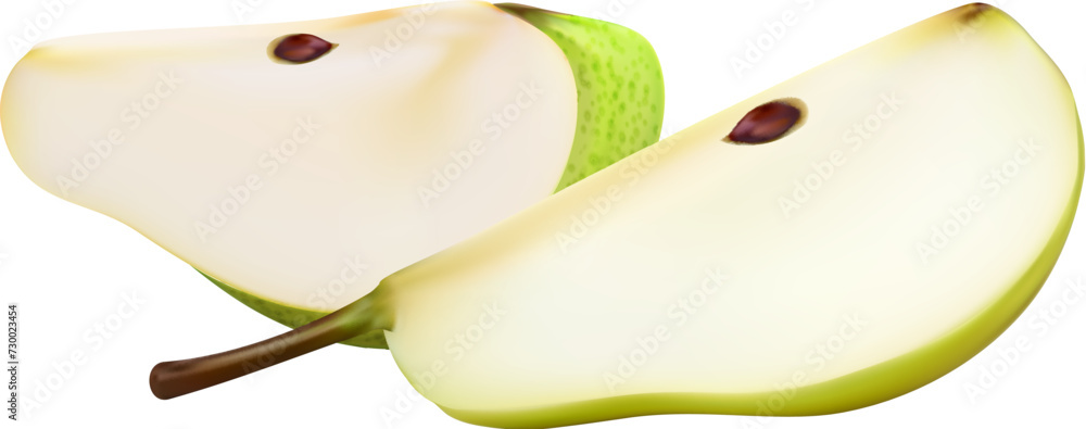 Ripe raw realistic green pear fruit isolated quarter slices glistening ...