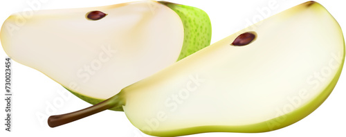 Ripe raw realistic green pear fruit isolated quarter slices glistening with sweetness, reveal their succulent juicy texture. Two 3d vector wedges capture the essence of freshness, tempting taste buds photo