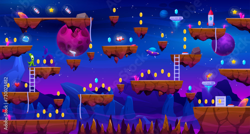 Arcade galaxy space planet game level map interface with UFO and golden coins, vector platforms. Bonuses and traps on stone rocks with gems, rockets and alien monster or laser gun for kids arcade game