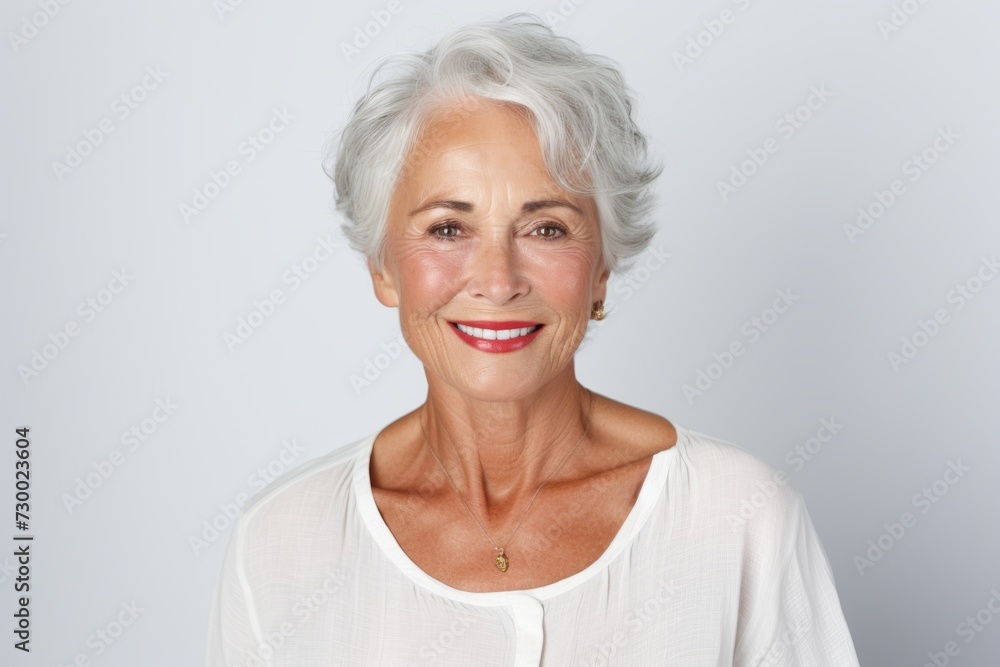 Portrait of a happy senior woman smiling at the camera against grey background