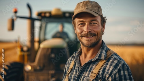 Portrait of proud harvester machine driver. Farmer standing at his combine. Generative AI. photo