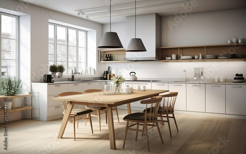 Modern kitchen, interior design, minimalistic scandinavian look. Natural wooden and white materials. Minimalistic sunny photo. AI Generative