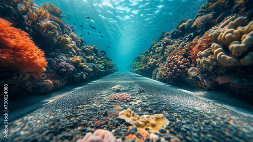 Underwater road amidst coral reefs and marine life.