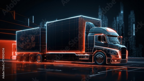 Futuristic truck and trailer on wireframe intersection: digital illustration of futuristic transport concept