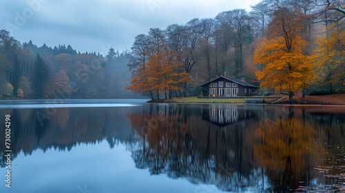 A calm lakeside retreat, with still waters reflecting the surrounding trees as the background, during a peaceful autumn evening