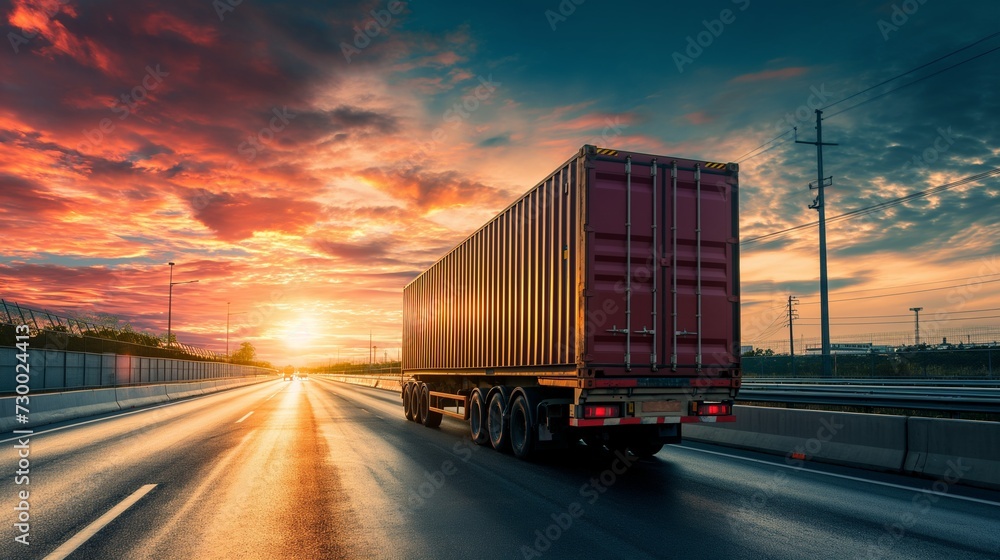 trucks on a highway. Evening shot of truck doing transportation trucks on a highway. Evening shot of truck doing transportation