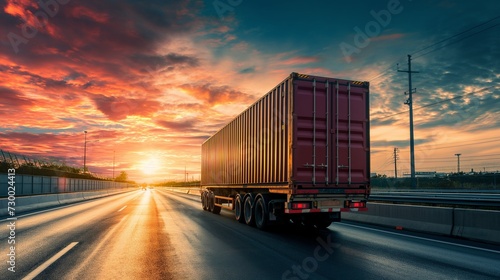 trucks on a highway. Evening shot of truck doing transportation