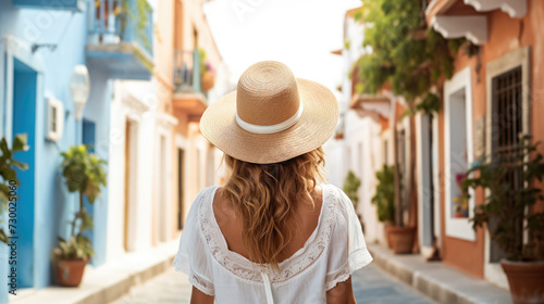 Fototapeta Naklejka Na Ścianę i Meble -  Happy tourist woman in white summer dress walks through the whitewashed streets