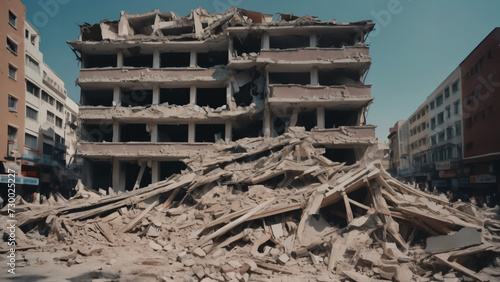  building with a pile of rubble in front of it , earthquake