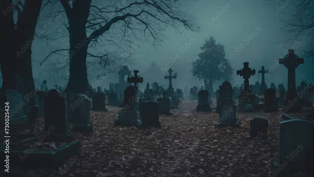 cemetery with graves and trees in a foggy night cemetery with graves and trees in a foggy night