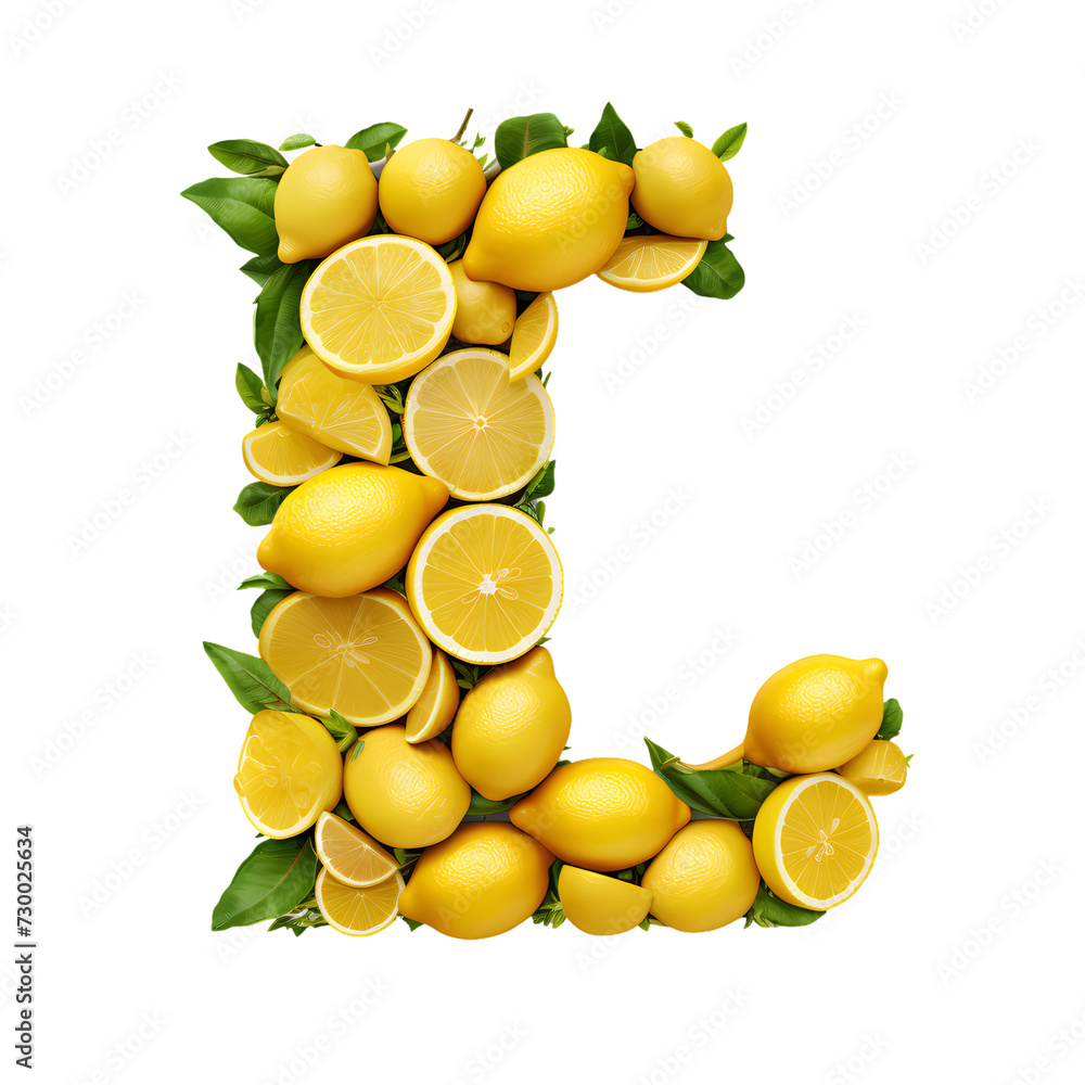 Letter L made of lemons, alphabet L, yellow lemons isolated, transparent PNG Background