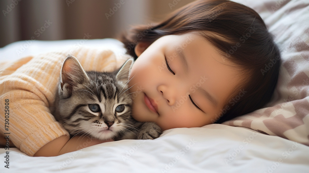 Small Asian child lies on a bed with a cat. Kitten and baby childhood friendship. Baby and cat. Child and Kitten lying together on the bed Small Asian child lies on a bed with a cat. Kitten and baby childhood friendship. Baby and cat. Child and Kitten lying together on the bed