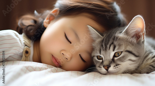 Small Asian child lies on a bed with a cat. Kitten and baby childhood friendship. Baby and cat. Child and Kitten lying together on the bed