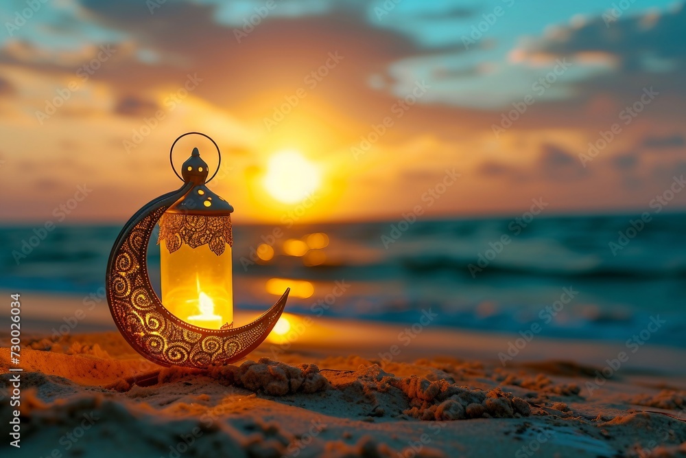 Ramadan Lantern by the Beach under a Crescent Moon Shape. Ramadan Mubarak