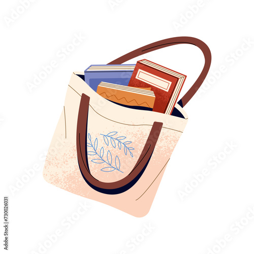 Tote bag for carrying heap of textbooks. Shopper with pile of different paper books. Education literature. Reading and study concept sticker. Flat isolated vector illustration on white background