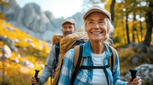 Senior couple tourists travel hiking in nature, walking and smiling. Generative AI.