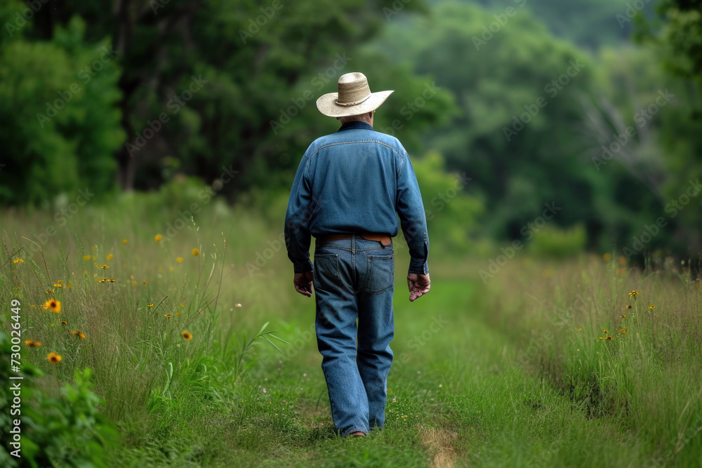 A man in a hat walks along a path in a field