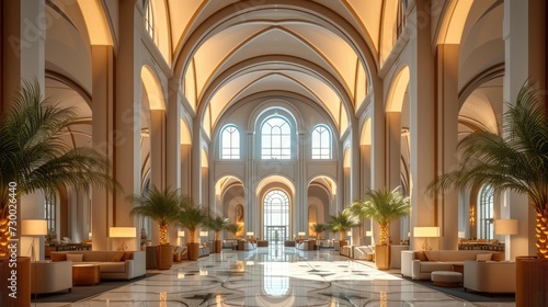 A hotel lobby interior inspired by modern tall arches. Generative AI.