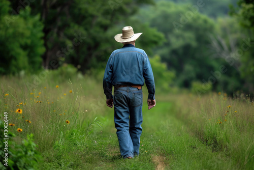 A man in a hat walks along a path in a field