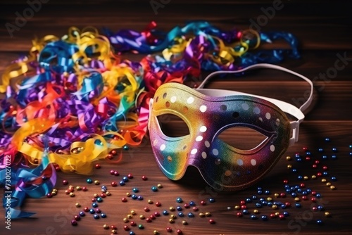 Carnival party, colorful confetti and serpentines on wooden background with copy space © Оксана Олейник