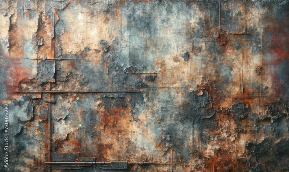AI generated illustration of a textured, rusted metal wall with peeling paint and a patina