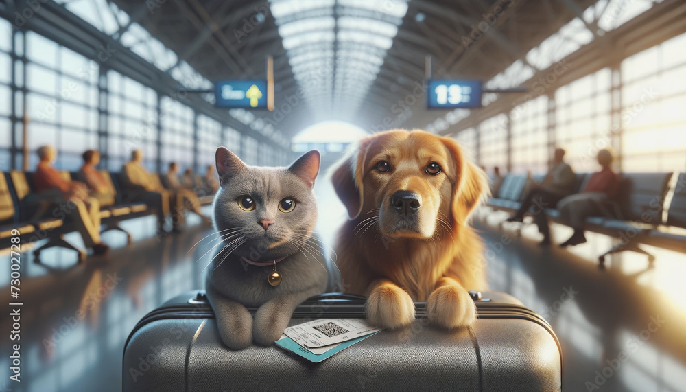 AI generated illustration of a cat and a dog sitting on a suitcase in an airport, awaiting travel - obrazy, fototapety, plakaty 