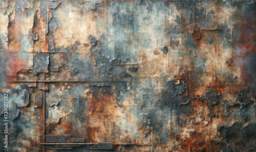 AI generated illustration of a textured, rusted metal wall with peeling paint and a patina