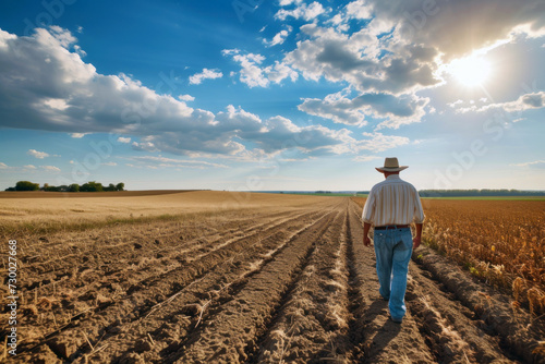 A man walks along a path in a field with a hat on his head. Concept of agricultural activity