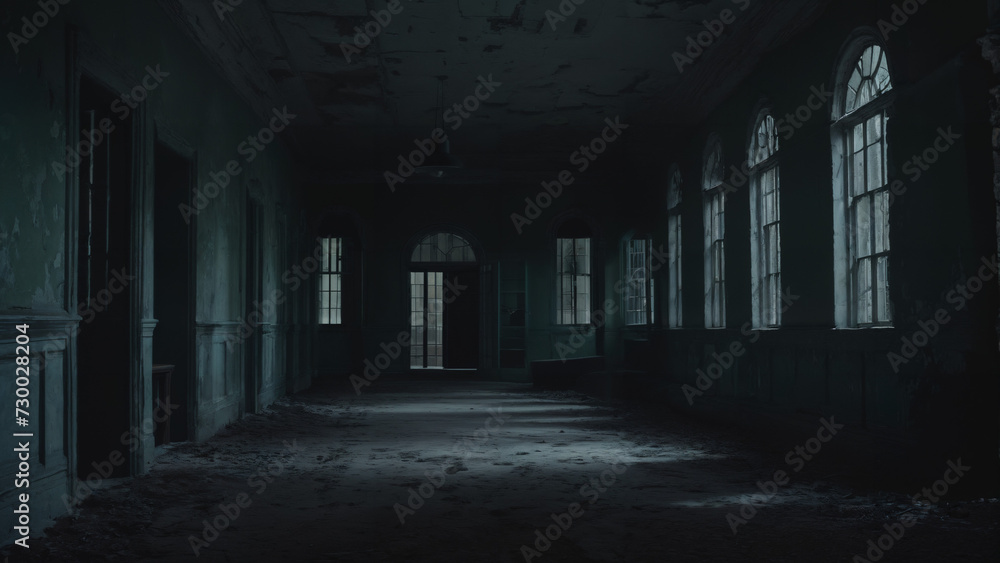 hallway with windows and a door in an abandoned building hallway with windows and a door in an abandoned building