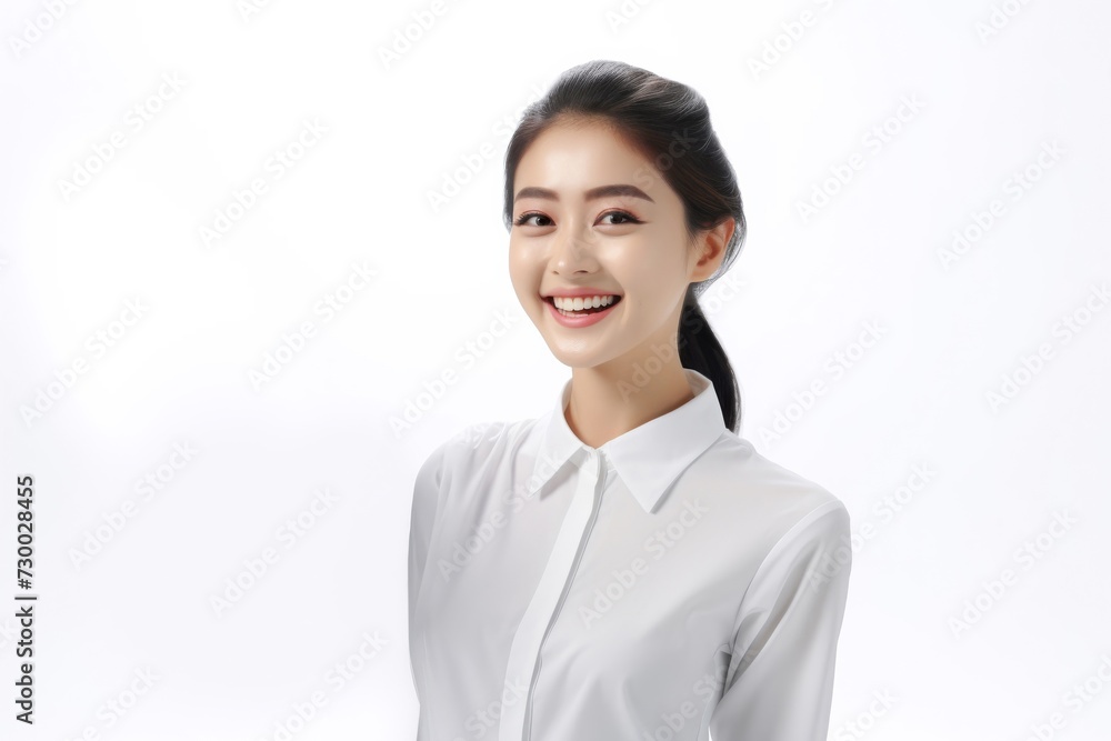 Charming Asian Employee, In a striking portrait, a young Asian businesswoman emanates elegance and professionalism against a simple white background. Generative AI. Charming Asian Employee, In a striking portrait, a young Asian businesswoman emanates elegance and professionalism against a simple white background. Generative AI.