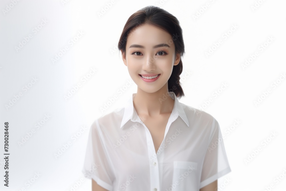 Charming Asian Employee, In a striking portrait, a young Asian businesswoman emanates elegance and professionalism against a simple white background. Generative AI. Charming Asian Employee, In a striking portrait, a young Asian businesswoman emanates elegance and professionalism against a simple white background. Generative AI.