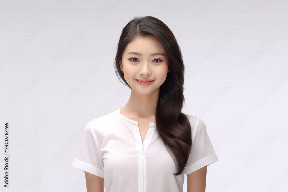 Charming Asian Employee, In a striking portrait, a young Asian businesswoman emanates elegance and professionalism against a simple white background. Generative AI. Charming Asian Employee, In a striking portrait, a young Asian businesswoman emanates elegance and professionalism against a simple white background. Generative AI.