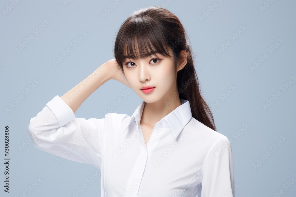 Charming Asian Employee, In a striking portrait, a young Asian businesswoman emanates elegance and professionalism against a simple white background. Generative AI. Charming Asian Employee, In a striking portrait, a young Asian businesswoman emanates elegance and professionalism against a simple white background. Generative AI.