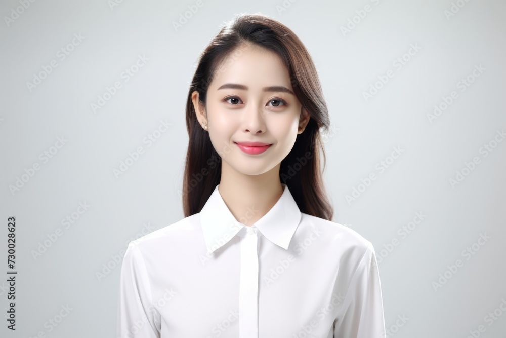 Charming Asian Employee, In a striking portrait, a young Asian businesswoman emanates elegance and professionalism against a simple white background. Generative AI. Charming Asian Employee, In a striking portrait, a young Asian businesswoman emanates elegance and professionalism against a simple white background. Generative AI.