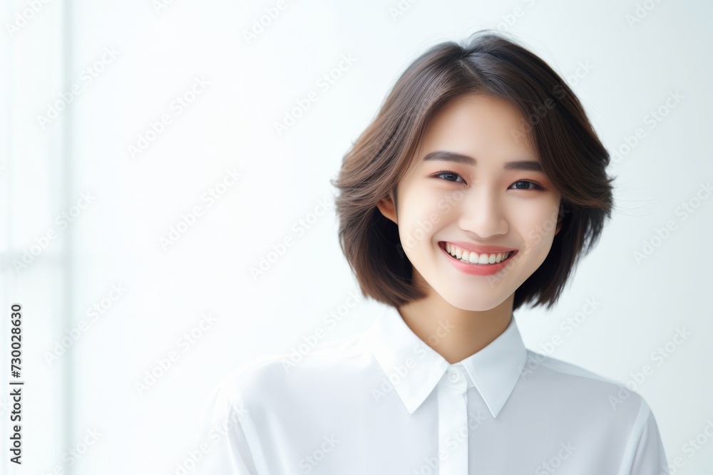 Charming Asian Employee, In a striking portrait, a young Asian businesswoman emanates elegance and professionalism against a simple white background. Generative AI. Charming Asian Employee, In a striking portrait, a young Asian businesswoman emanates elegance and professionalism against a simple white background. Generative AI.