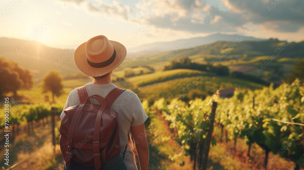 Explorer with backpack enjoying the sunset in vineyards. Explorer with backpack enjoying the sunset in vineyards.