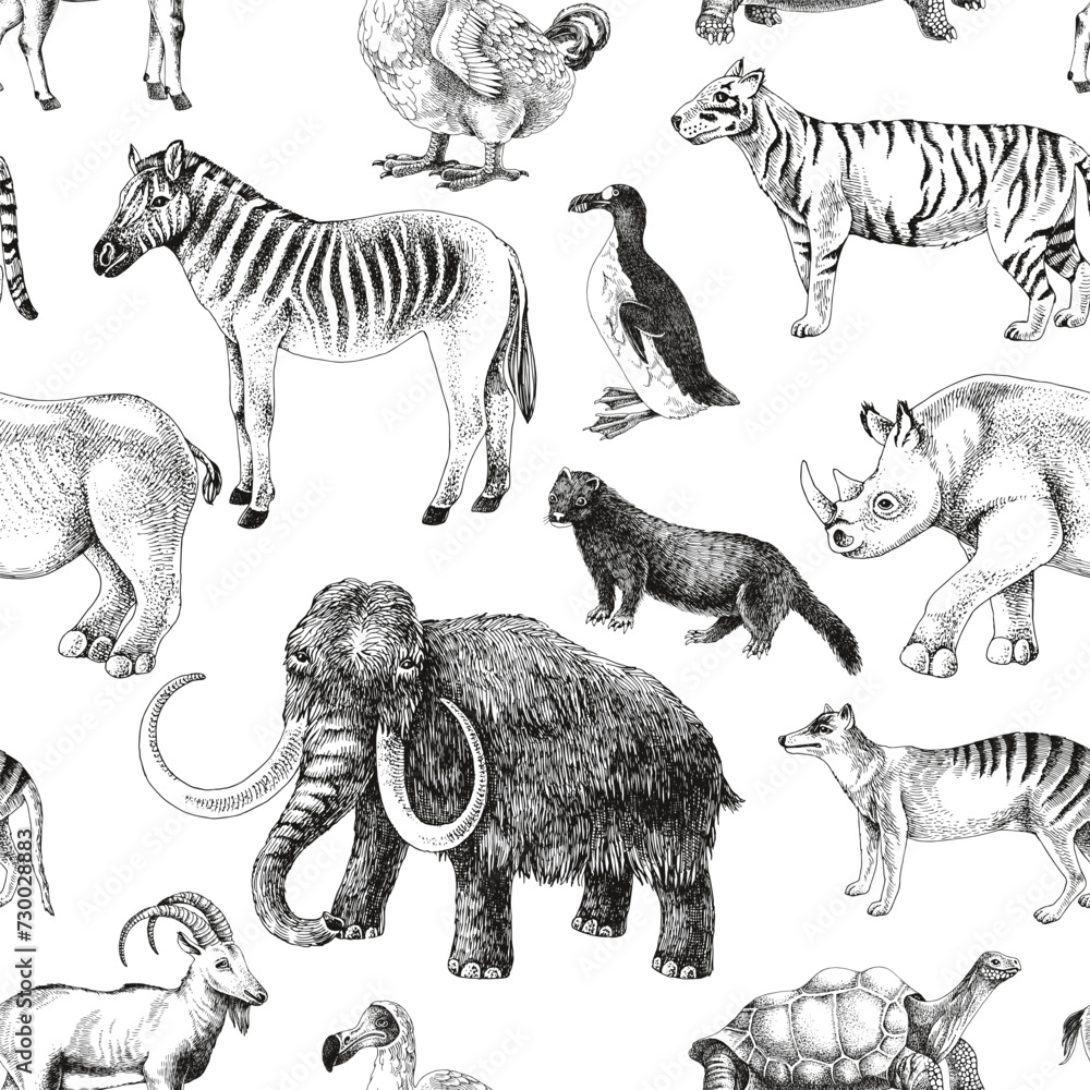 Naklejka premium Seamless pattern with hand drawn extinct animals
