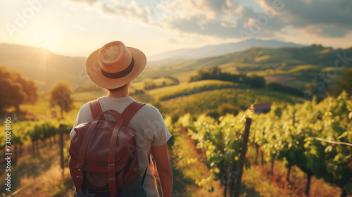 Explorer with backpack enjoying the sunset in vineyards. © vlntn