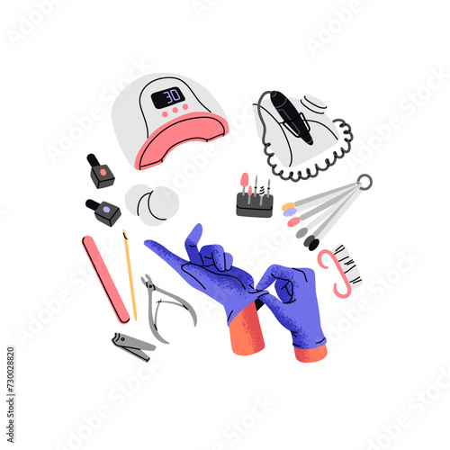 Beauty set, supplies for fingernail care: polish, clipper, cuticle nipper, file. Female equipments for hardware manicure: UV lamp, electric nail drill. Flat isolated vector illustration on white