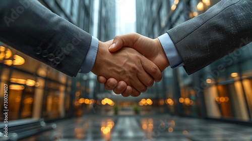 business people shaking hands on the background of the building